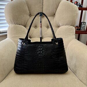 Auth RIVER Genuine Caiman Crocodile Luxurious Black Satchel Bag
